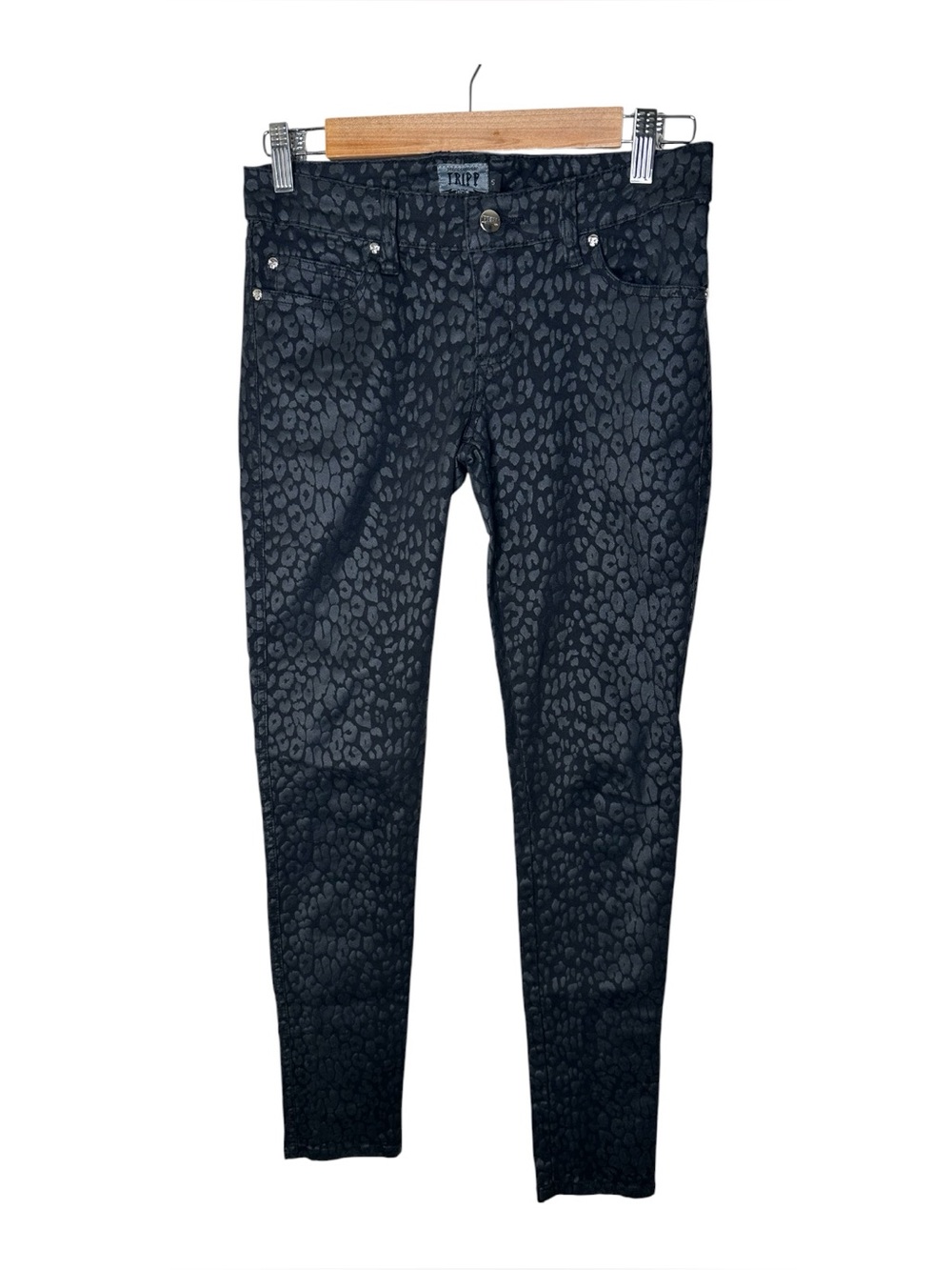 TRIPP NYC Skinny Stretch T-Back Jeans Low Rise Black Animal Print Junior Size 5